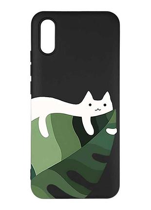 Матовий чорний чохол на xiaomi redmi 9a кіт на листку (принт 367)