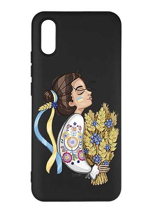 Матовый черный чехол на xiaomi redmi 9а украинка с колосками (принт 172)