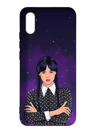 Матовий чорний чохол на xiaomi redmi 9a дівчина з косичками. венздей (принт 208)