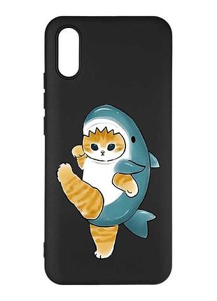 Матовый черный чехол на xiaomi redmi 9a котенок акула (принт 380)