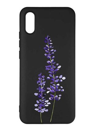 Матовый черный чехол на xiaomi redmi 9a фиолетовые цветы (принт 279)