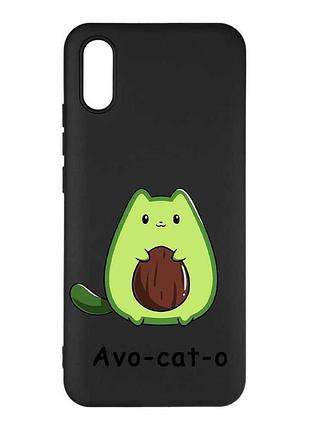 Матовый черный чехол на xiaomi redmi 9a котик авокадо (принт 306)