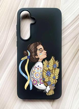 Матовый черный чехол на samsung galaxy a55 (a556) украинка с колосками (принт 172)