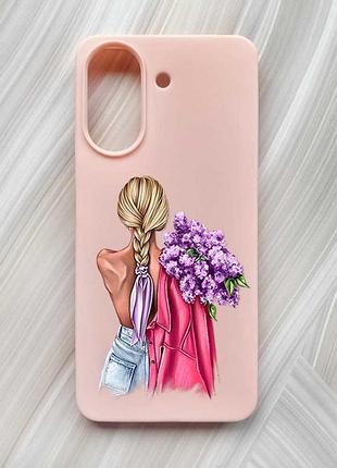 Матовый розовый чехол на xiaomi redmi 13c / poco c65 девушка с сиренью (принт 7)