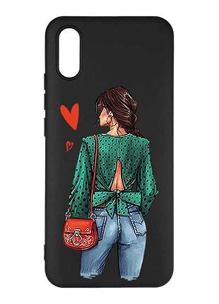 Матовый черный чехол на xiaomi redmi 9а девушка в зеленом (принт 224)