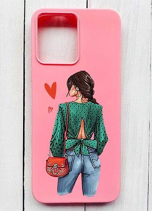 Матовый розовый чехол на xiaomi redmi 12 девушка в зеленом (принт 224)