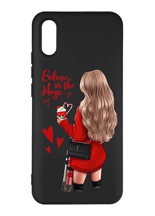 Матовый черный чехол на xiaomi redmi 9a девушка с кофе (принт 137)