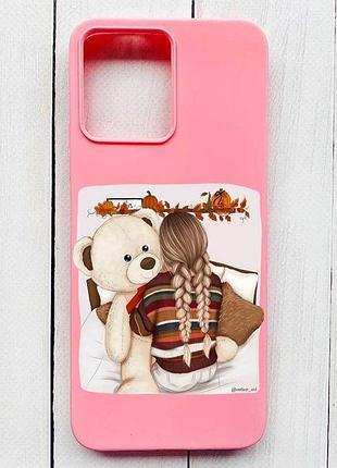 Матовый розовый чехол на xiaomi redmi note 12 4g девочка с мишкой (принт 117)