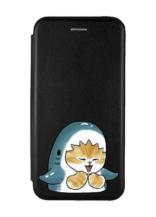 Чохол-книжка чорний з малюнком на xiaomi redmi 7 котик акула (принт 376)