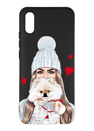 Матовый черный чехол на xiaomi redmi 9а девушка с собачкой (принт 142)