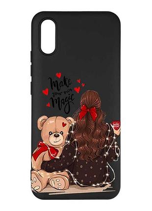 Матовый черный чехол на xiaomi redmi 9a девушка с мишкой (принт 188)
