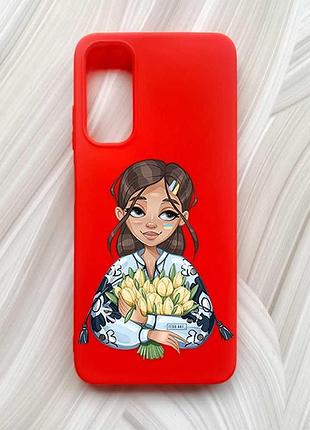 Матовый красный чехол на samsung galaxy a05s (a057) девушка с тюльпанами (принт 22)