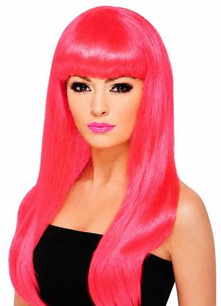 Карнавальный парик smiffys babelicious neon pink - длинные неоново-розовые волосы с чубчиком