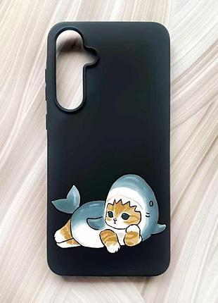 Матовий чорний чохол на samsung galaxy a55 (a556) котик акула (принт 355)