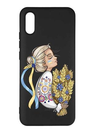 Матовый черный чехол на xiaomi redmi 9a украинка с колосками (принт 173)