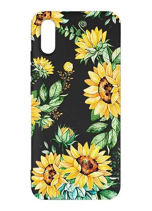 Матовый черный чехол на xiaomi redmi 9a подсолнухи (принт 288)