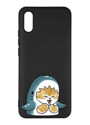 Матовый черный чехол на xiaomi redmi 9a котёнок акула (принт 376)