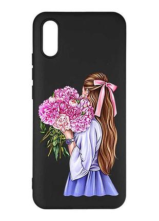 Матовый черный чехол на xiaomi redmi 9a девушка с пионами (принт 11)