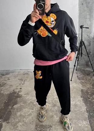 Чоловічий літній чорний костюм худі штани принт модний якісний костюм для хлопця на літо l