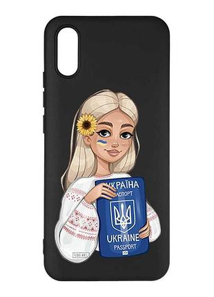 Матовый черный чехол на xiaomi redmi 9a девушка с паспортом (принт 13)