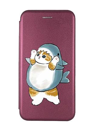 Чохол-книжка бордовий з малюнком на samsung galaxy a16 5g котик акула (принт 379)
