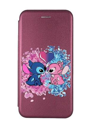Чехол-книжка бордовый с рисунком на samsung galaxy a16 5g стич и ангел (принт 391)