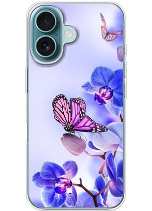 Чехол силиконовый с картинкой на iphone 16 (цветок, бабочка на орхидее)