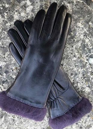 Перчатки женские кожаные с натуральным мехом кролика 8"/22 см