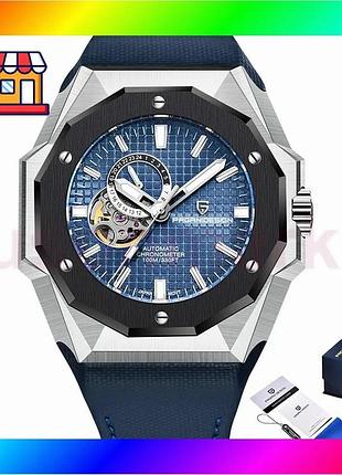 Bs годинник pagani design best mix механічний чоловічий сріблястий з синім шкіряним ремінцем водонепро bas77/n