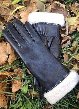 Перчатки женские кожаные с натуральным мехом кролика 8"/22 см
