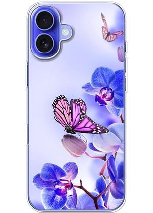 Чехол силиконовый с картинкой на iphone 16 plus (цветок, бабочка на орхидее)
