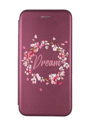 Чохол-книжка бордовий з малюнком на xiaomi redmi 10c віночок з сакури (принт 284)