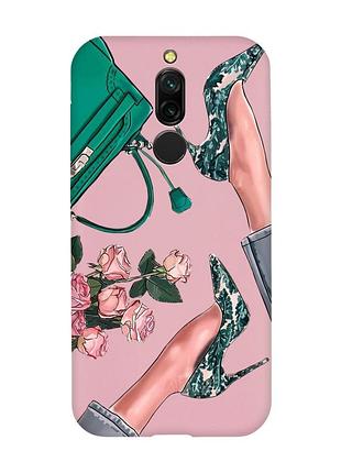 Матовый чехол с розовыми боками на xiaomi redmi 8 туфельки и цветы (принт 225)