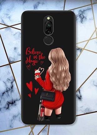 Матовый чехол с черными боками на xiaomi redmi 8 девушка с кофе (принт 137)