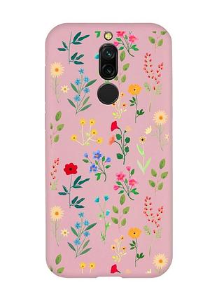 Матовый чехол с розовыми боками на xiaomi redmi 8 цветочный фон (принт 269)