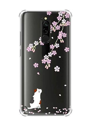 Чехол с утолщенными углами на xiaomi redmi 8 котик и сакура (принт 283)