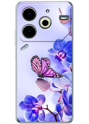 Чехол силиконовый с картинкой на tecno pova 6 neo (цветок, бабочка на орхидее)