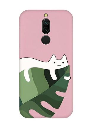 Матовый розовый чехол на xiaomi redmi 8 кот на листе (принт 367)