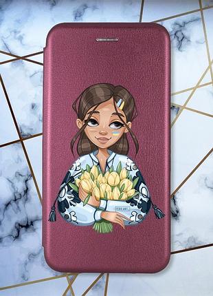 Чехол-книжка бордовый с рисунком на xiaomi redmi 8 девушка с тюльпанами (принт 22)