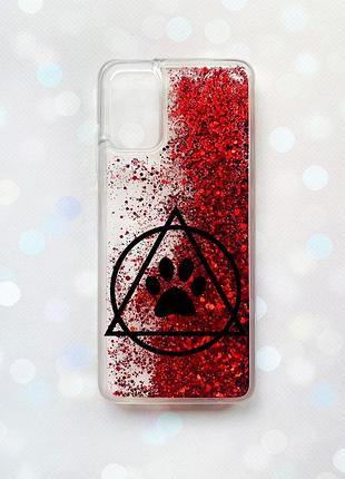 Чехол с плавающими блестками на samsung galaxy a02s красный логотип квадроберов (принт 394)