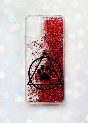 Чехол с плавающими блестками на samsung galaxy a03s (a037) красный логотип квадроберов (принт 394)