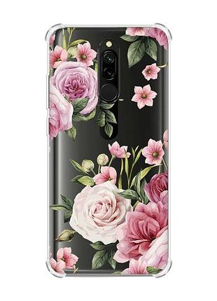 Чехол с утолщенными углами на xiaomi redmi 8 розовые цветы (принт 287)
