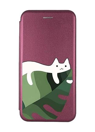 Чохол-книжка бордовий з малюнком на xiaomi redmi 10c кіт на листку (принт 367)