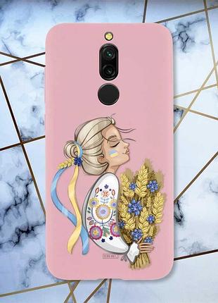 Матовый чехол с розовыми боками на xiaomi redmi 8 украинка с колосками (принт 173)
