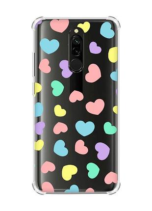 Чохол з потовщеними кутами на xiaomi redmi 8 різнокольорові сердечка (принт 335)
