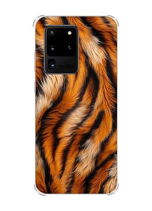 Чехол с утолщёнными углами на samsung galaxy s20 ultra тигровый мех (принт 395)