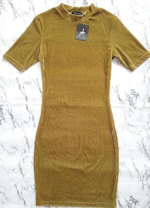 Хаки оливковое вельветовое платье с биркой в обтяжку по фигуре