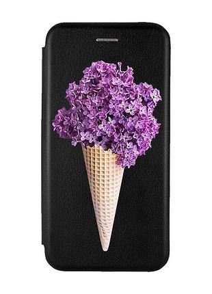 Чехол-книжка черный с рисунком на xiaomi redmi 14c / poco c75 сиреневый рожок (принт 281)