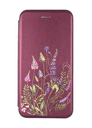 Чохол-книжка бордовий з малюнком на xiaomi redmi 14c / poco c75 квіткова ідилія (принт 382)