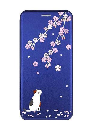 Чехол-книжка синий с рисунком на xiaomi redmi 14c / poco c75 котик и сакура (принт 283)